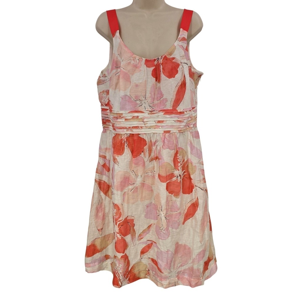 Ann Taylor LOFT Linen‎ Dress Women 14 Pink Floral Fit & Flare Sundress Coquette